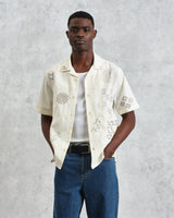 wax london men's Didcot - Ecru Doodle Embroidered Short-Sleeve Shirt
