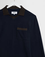 Pendal - Navy And Brown Long-Sleeve Organic Cotton Polo