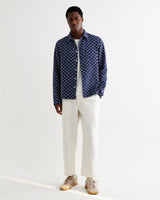 Breton - Indigo And Ecru Geometric Grid Stitch Overshirt