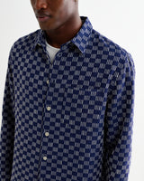 Breton - Indigo And Ecru Geometric Grid Stitch Overshirt