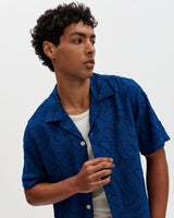 Curzon - Blue Jacquard Viscose Short-Sleeve Shirt