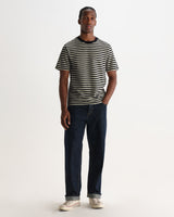 Dean - Navy And Ecru Striped Textured Organic Cotton T-Shirt