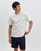 Dean - Ecru And Blue Stitch Stripe Organic Cotton T-Shirt