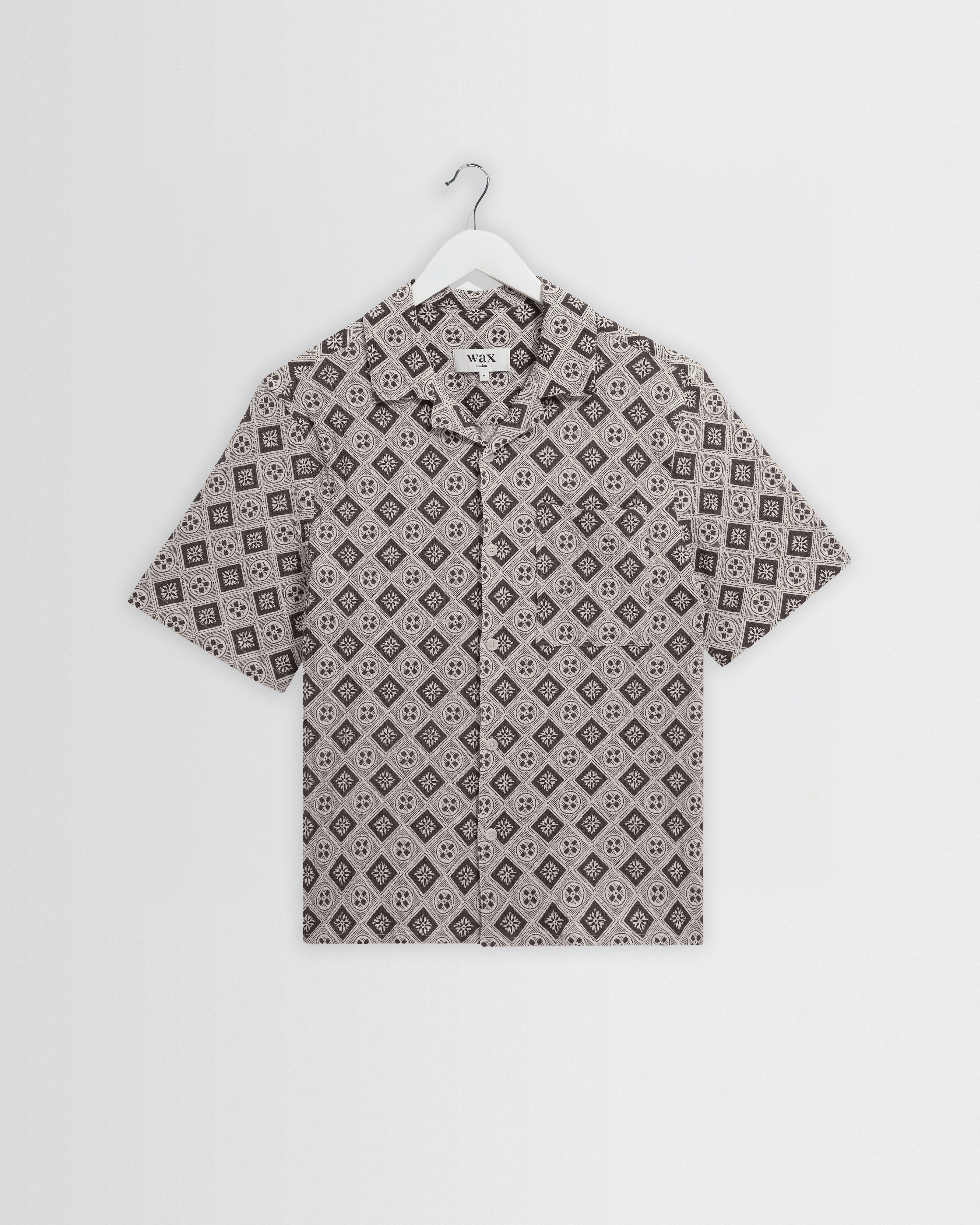 Men's Ecru And Black Tile Print Short-Sleeve Shirt | Wax London