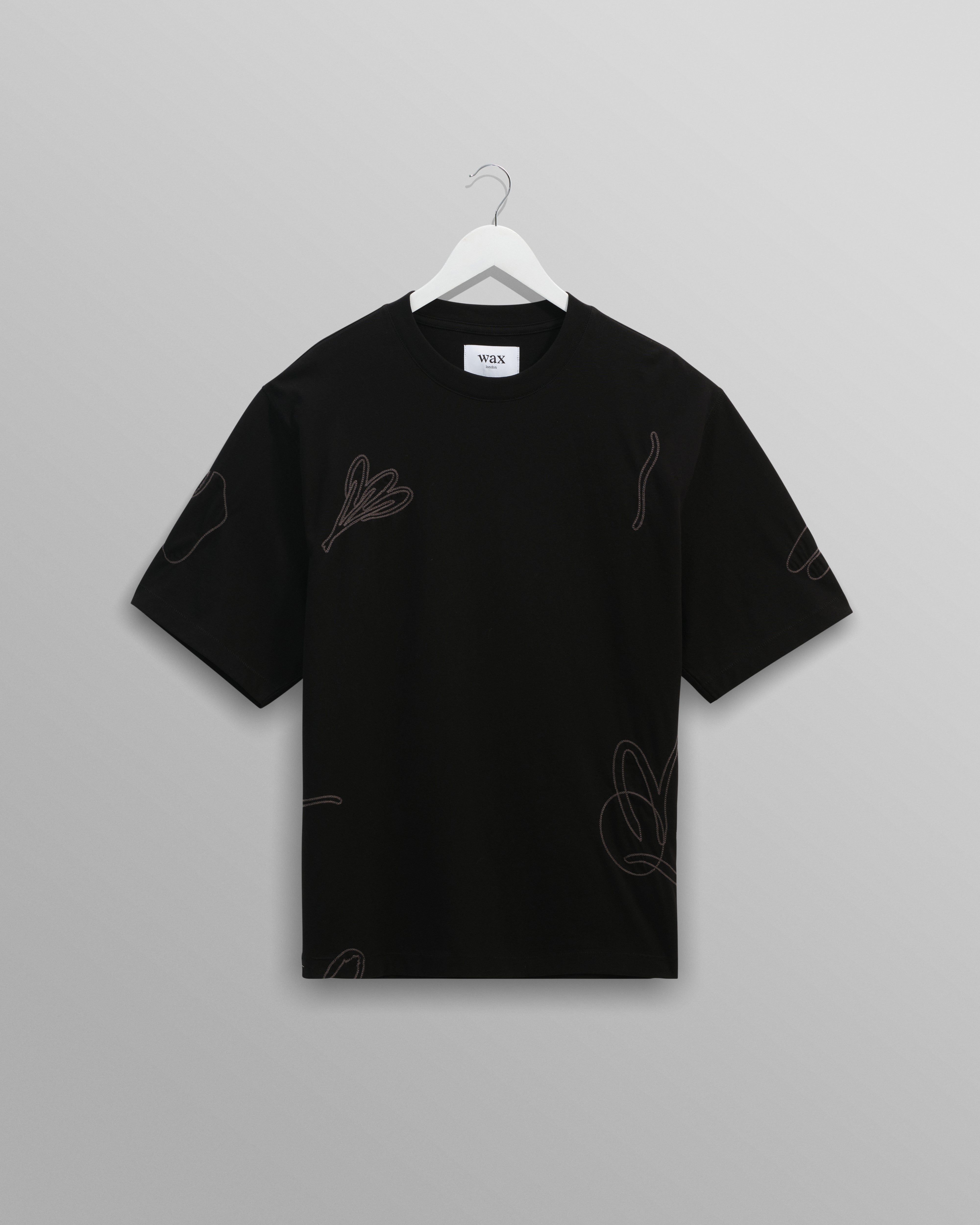 wax london men's Milton - Black Embroidered Organic Cotton T-Shirt