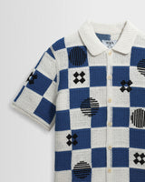 Porto - Ecru And Blue Square Crochet Knitted Shirt