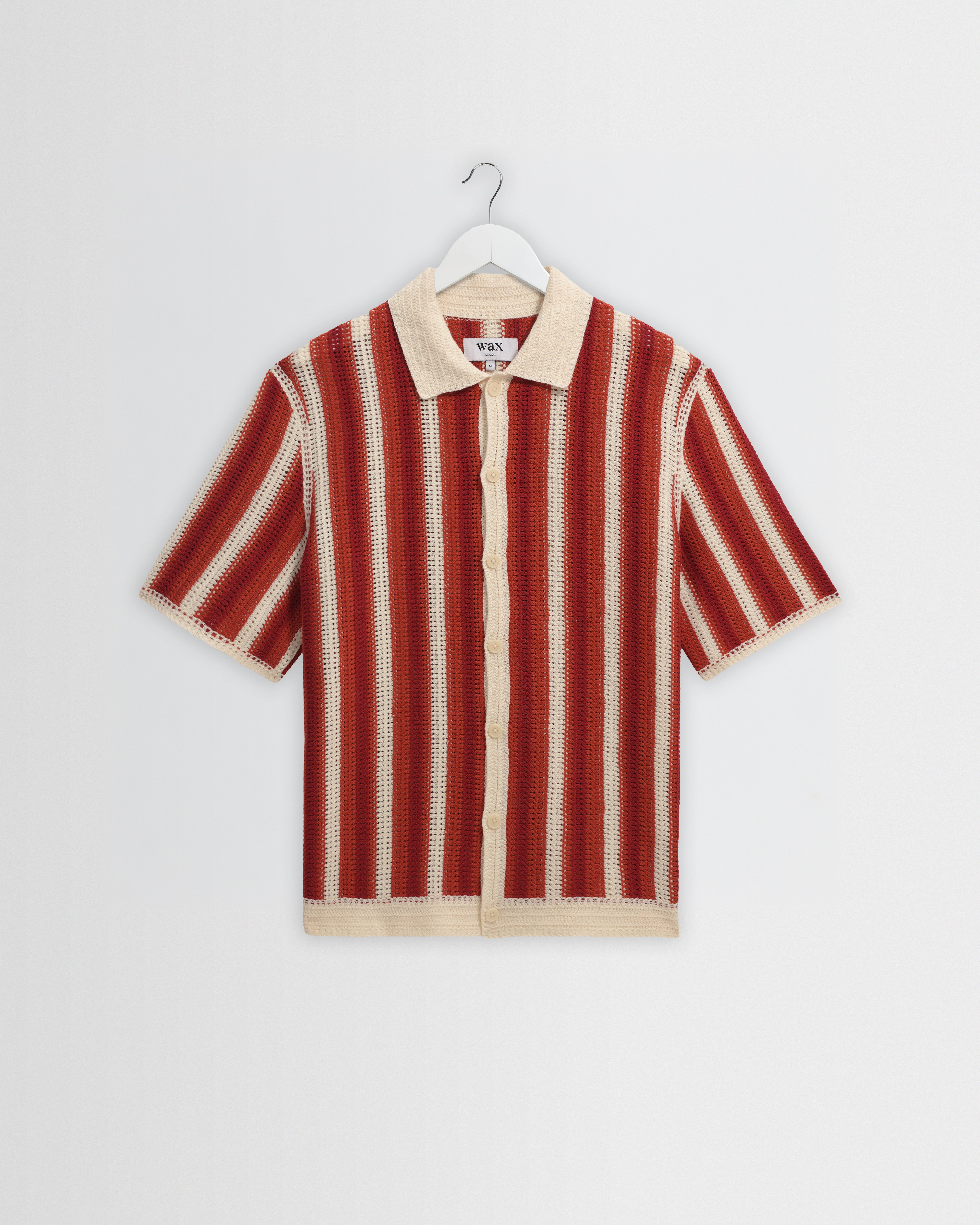 Men's Ecru And Orange Stripe Crochet Knitted Shirt | Wax London