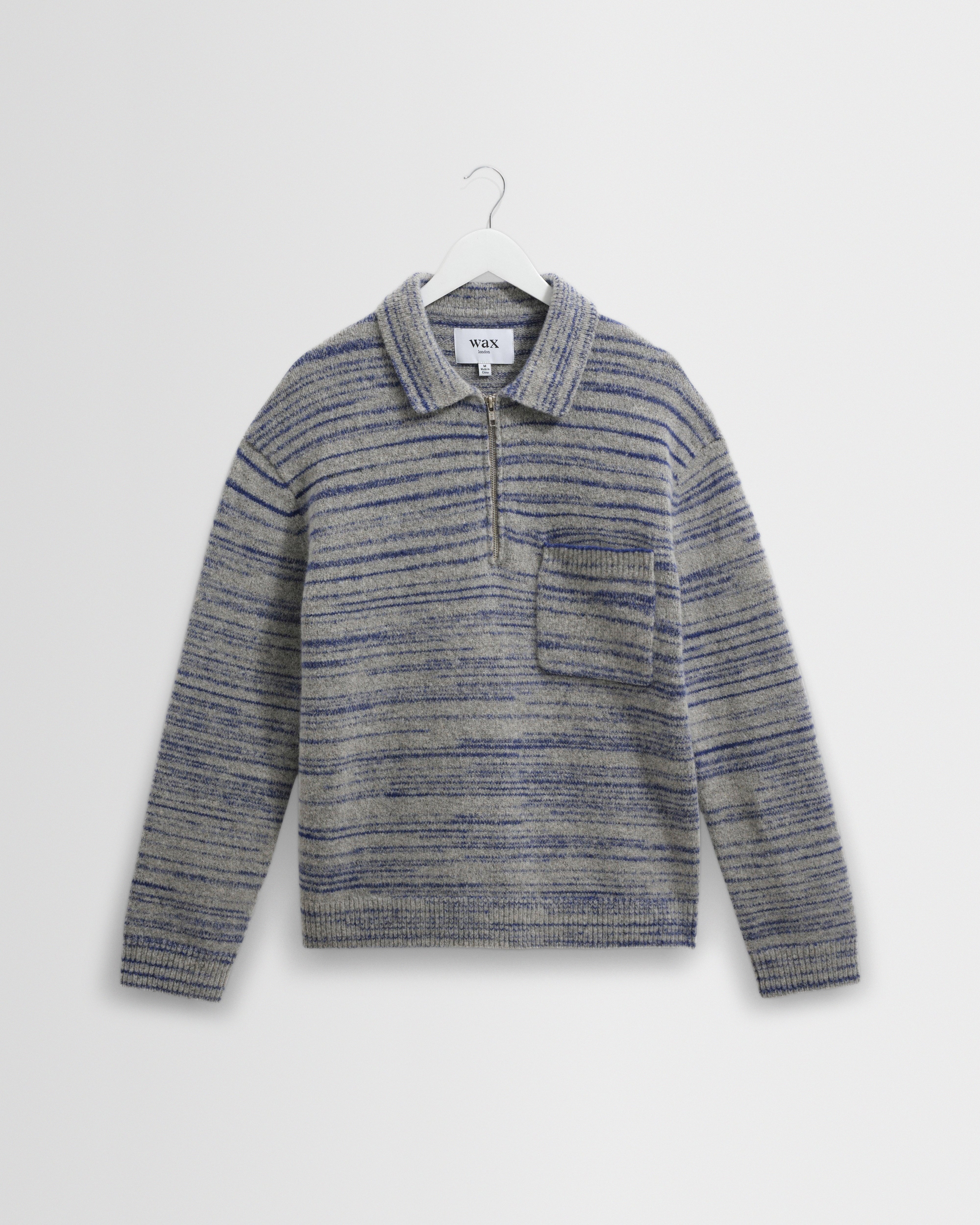 Men's Grey And Blue Space Dye Zip Polo | Wax London