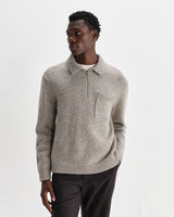 wax london men's Alpha - Grey Plain Stitch Fleck-Wool Zip Polo