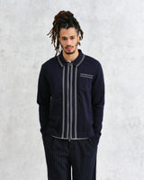 wax london men's Amble - Navy Milano-Knit Long Sleeve Polo