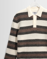 wax london men's Ashford - Ecru And Brown Long Sleeve Stripe Polo Jumper