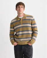 wax london men's Ashford - Olive And Ecru Long Sleeve Stripe Polo Jumper
