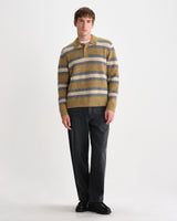 wax london men's Ashford - Olive And Ecru Long Sleeve Stripe Polo Jumper
