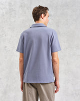 wax london men's Atwood - Mid Blue Textured Organic Cotton Polo Shirt
