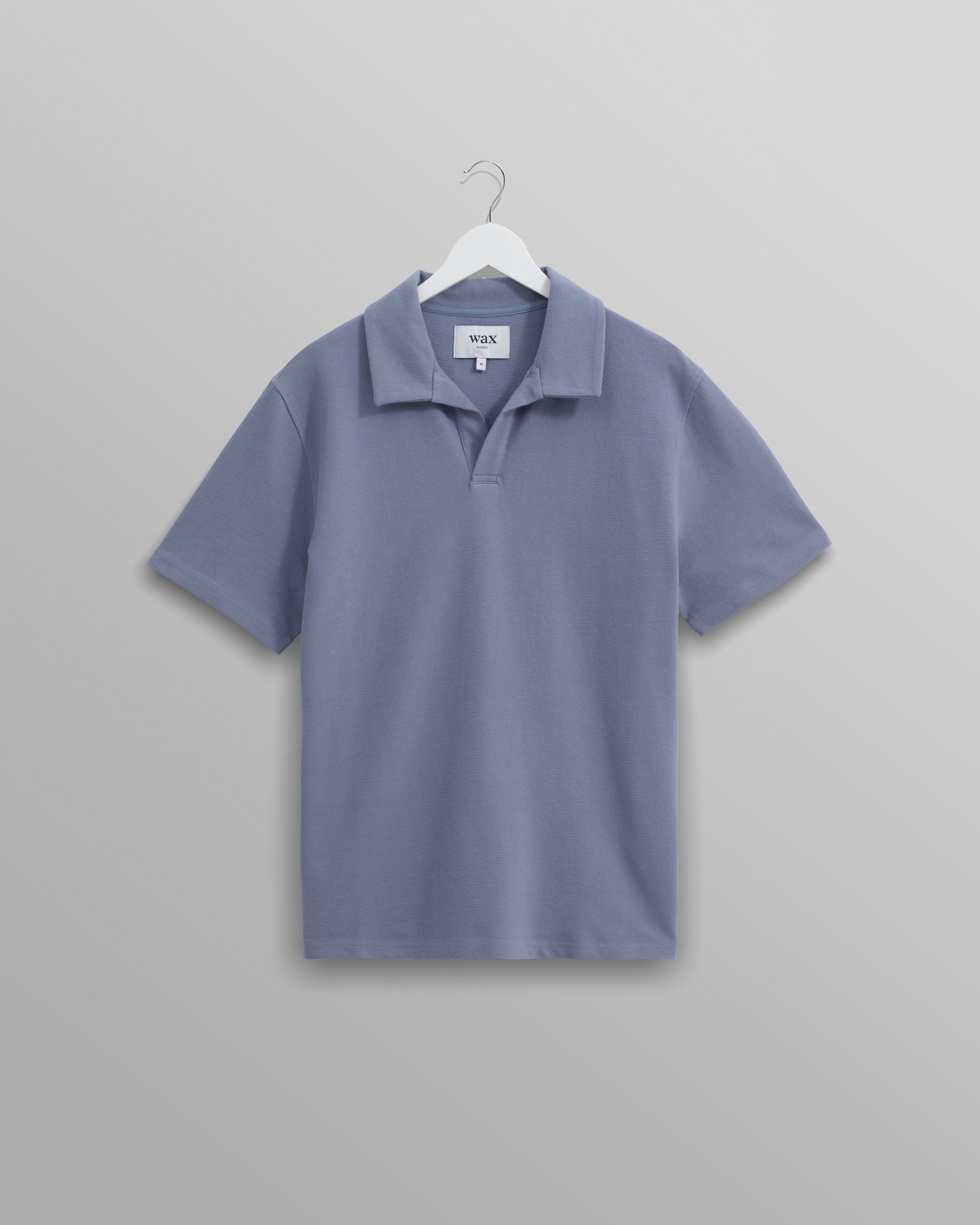 wax london men's Atwood - Mid Blue Textured Organic Cotton Polo Shirt