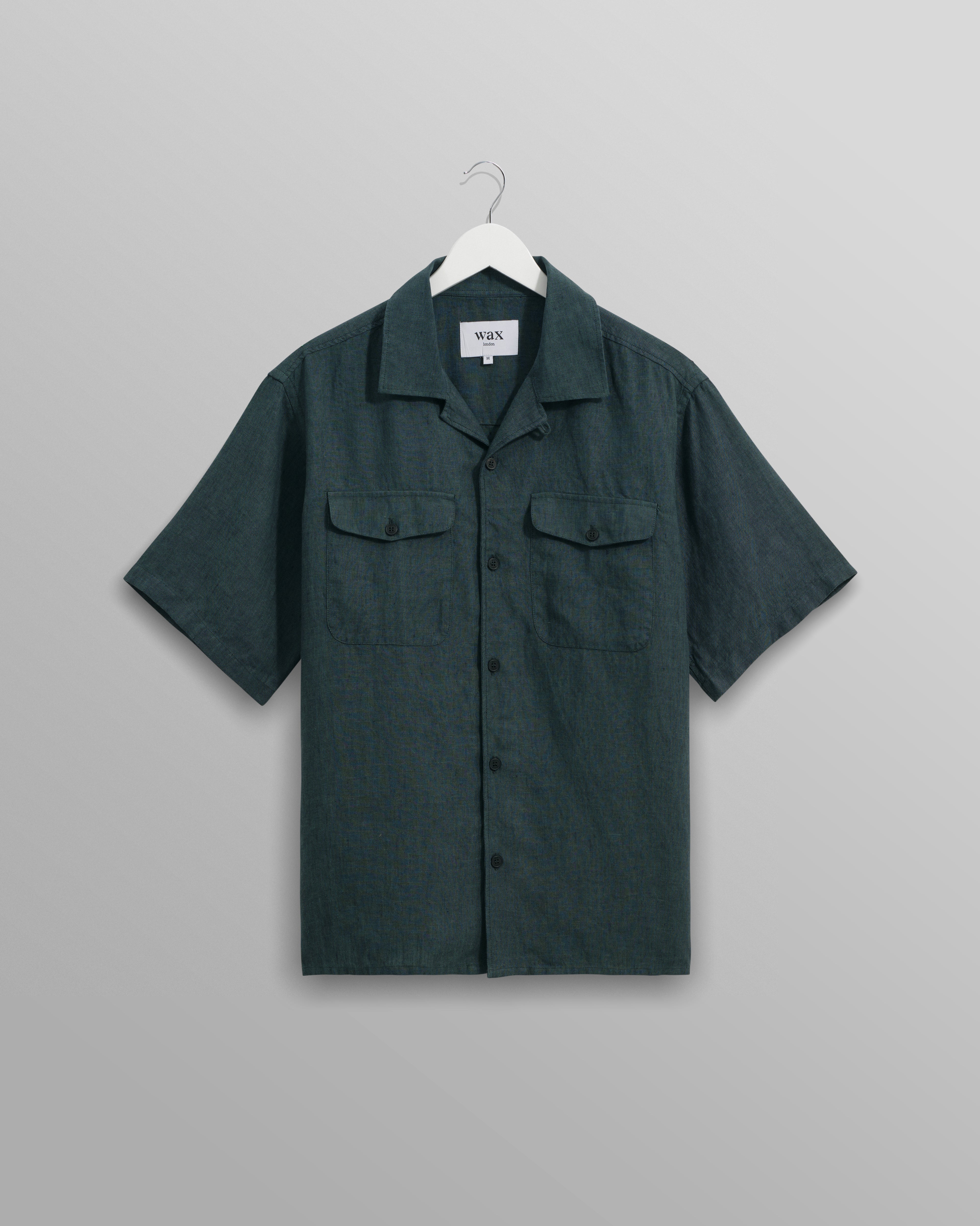wax london men's Bartlett - Dark Green Two-Tone Linen Short-Sleeve Shirt