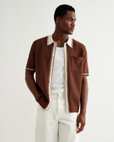 wax london men's Belle - Dark Brown Tipped Pointelle Polo Shirt