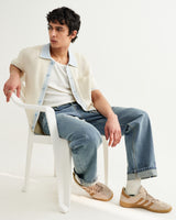 wax london men's Belle - Ecru Blue Tipped Pointelle Polo Shirt