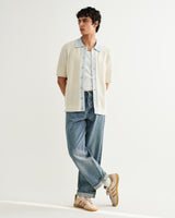 wax london men's Belle - Ecru Blue Tipped Pointelle Polo Shirt