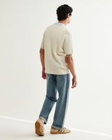 wax london men's Belle - Ecru Blue Tipped Pointelle Polo Shirt