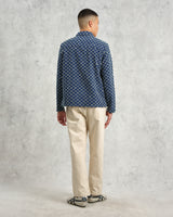 wax london men's Breton - Indigo And Ecru Geometric Grid Stitch Overshirt