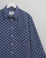wax london men's Breton - Indigo And Ecru Geometric Grid Stitch Overshirt