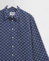 Breton - Indigo And Ecru Geometric Grid Stitch Overshirt