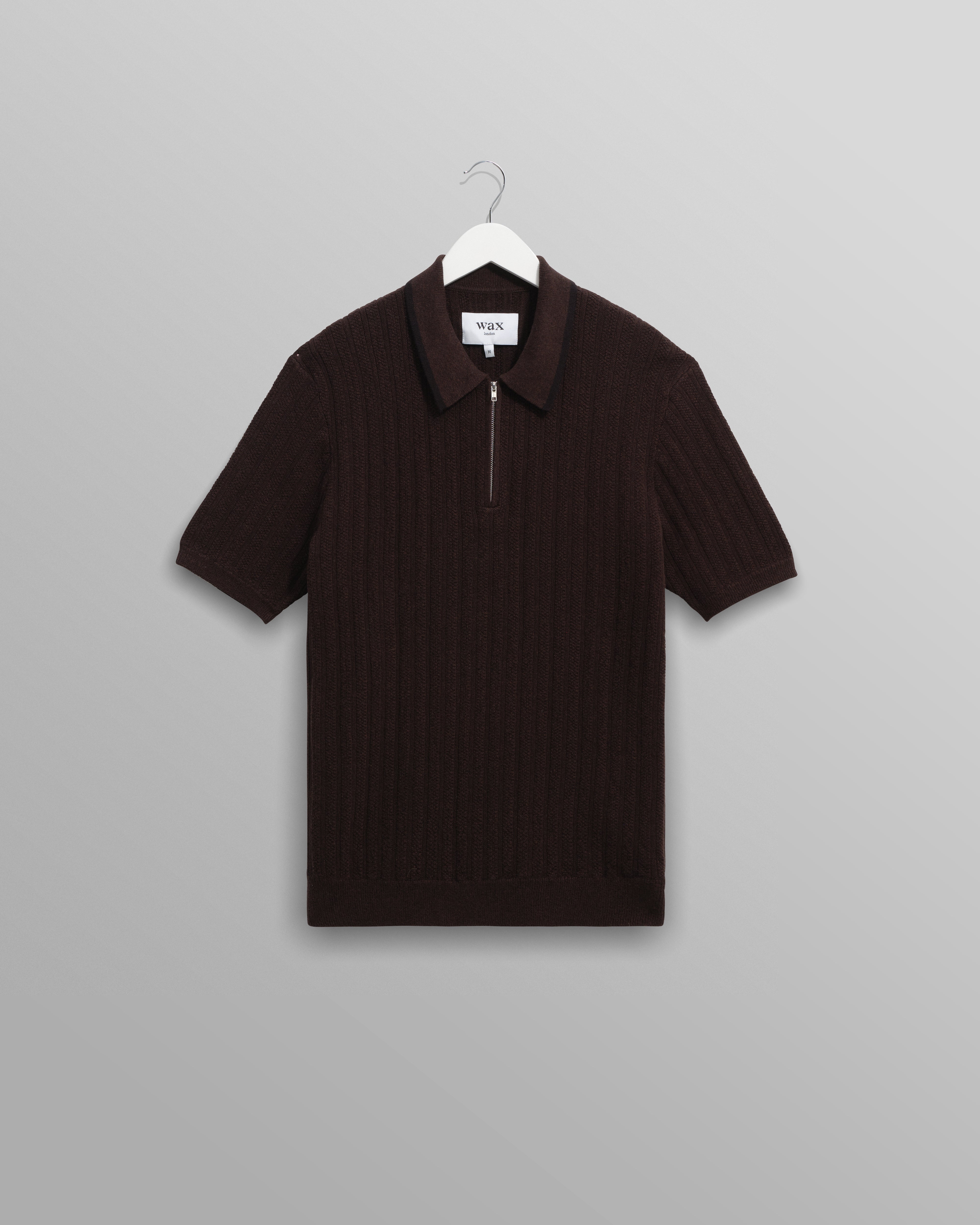 wax london men's Bury - Dark Brown Stripe Zip Polo