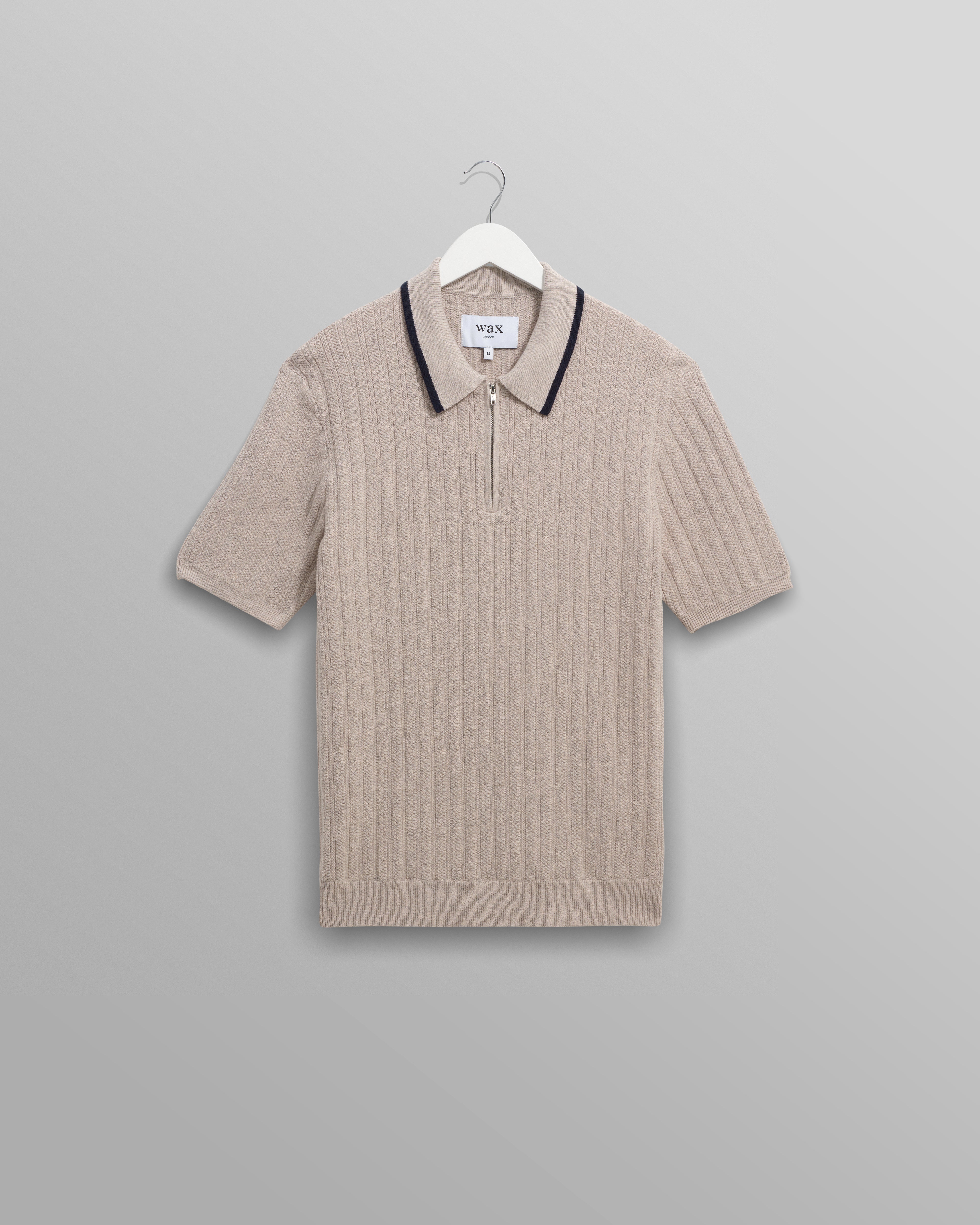 wax london men's Bury - Natural Melange Stripe Zip Polo
