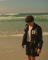 Corey - Black And Beige Abstract Applique Cotton-Linen Shirt