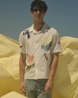 Didcot - Ecru And Multicolour Flower Embroidered Short-Sleeve Shirt