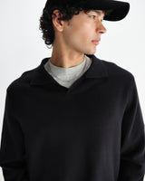 wax london men's Carter - Black Open Collar Milano Knit Polo