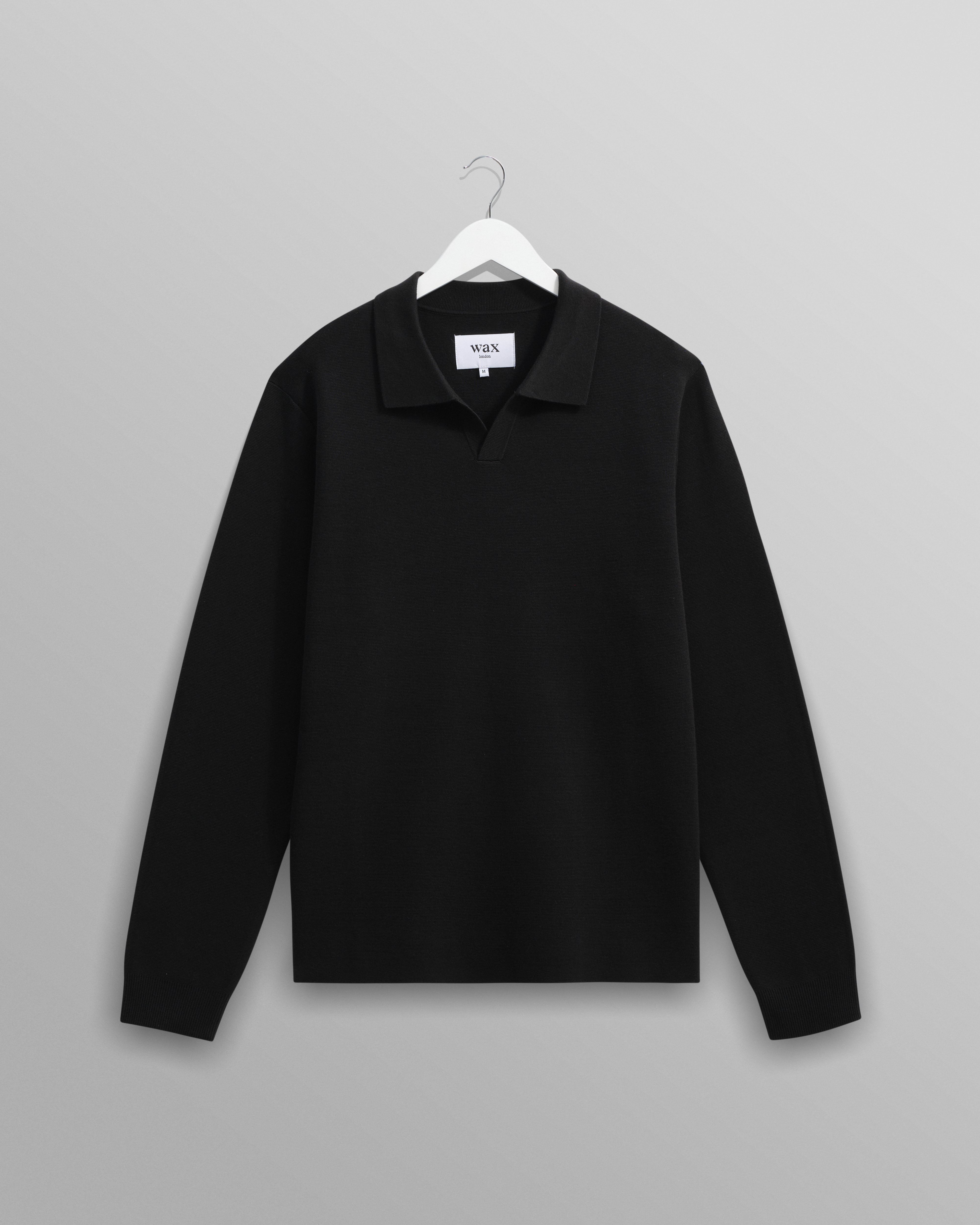wax london men's Carter - Black Open Collar Milano Knit Polo