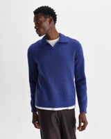 wax london men's Carter - Blue Open Collar Fluffy Wool Knit Polo