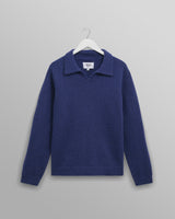 wax london men's Carter - Blue Open Collar Fluffy Wool Knit Polo