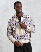 wax london men's Cartha - Ecru Geometric Corduroy Jacket