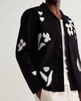 wax london men's Corey - Black And Beige Abstract Applique Cotton-Linen Shirt