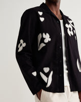 wax london men's Corey - Black And Beige Abstract Applique Cotton-Linen Shirt