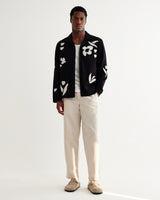 wax london men's Corey - Black And Beige Abstract Applique Cotton-Linen Shirt