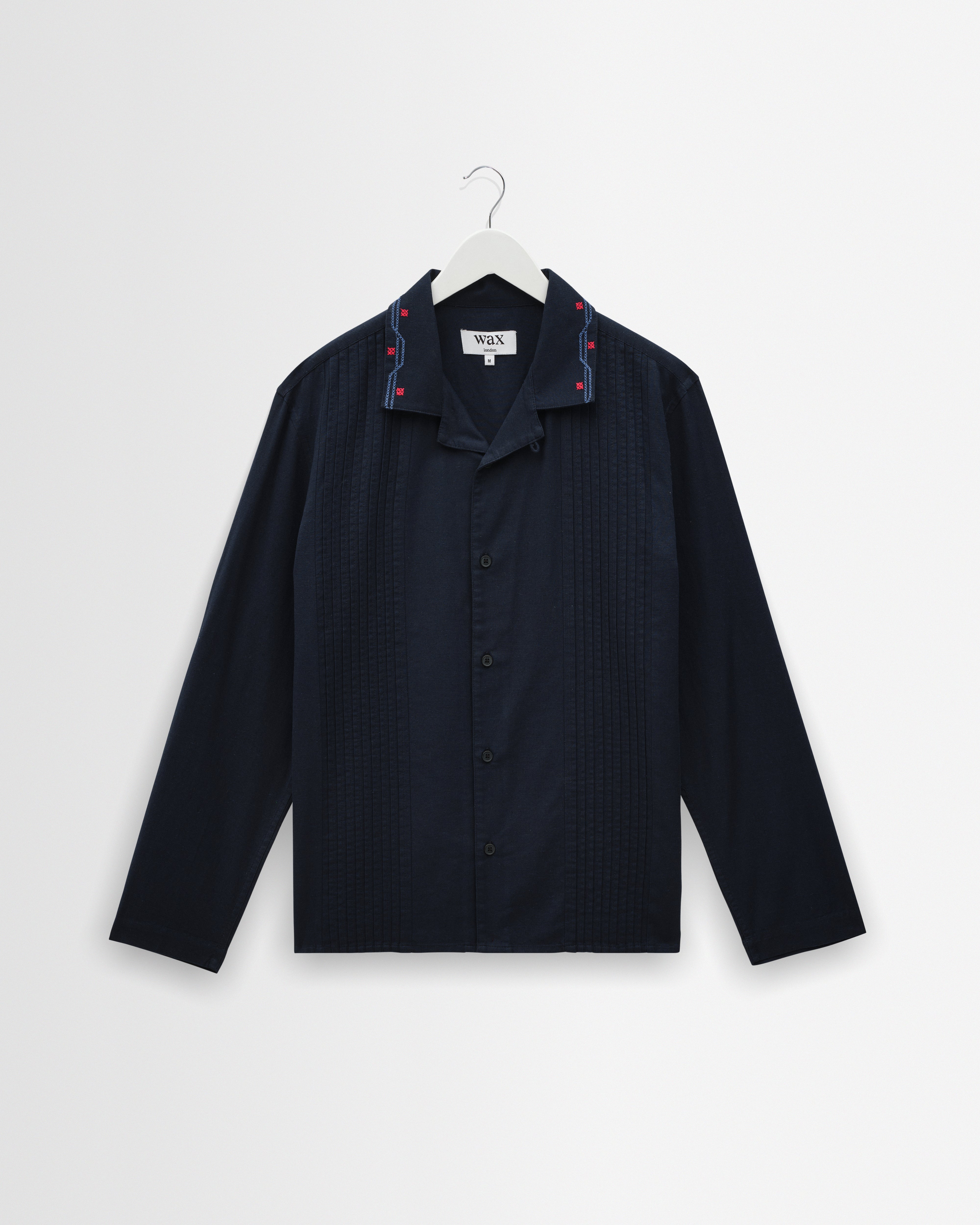 Men's Navy Pintuck Border Cotton-Linen Shirt | Wax London