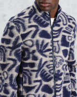 wax london men's Cozi - Ecru And Navy Squiggle Fleece Jacket
