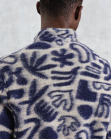 wax london men's Cozi - Ecru And Navy Squiggle Fleece Jacket