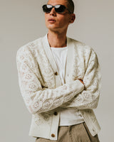 wax london men's Crosby - Ecru Pointelle Cotton Cardigan