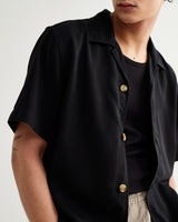 wax london men's Curzon - Black Lyocell Twill Short-Sleeve Shirt