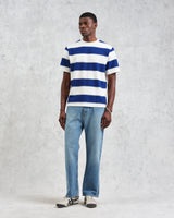 wax london men's Dean - Blue And Ecru Stripe Textured Organic Cotton T-Shirt