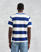 wax london men's Dean - Blue And Ecru Stripe Textured Organic Cotton T-Shirt