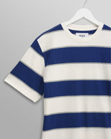 wax london men's Dean - Blue And Ecru Stripe Textured Organic Cotton T-Shirt