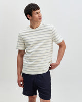 Dean - Ecru And Blue Stitch Stripe Organic Cotton T-Shirt