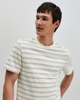 Dean - Ecru And Blue Stitch Stripe Organic Cotton T-Shirt