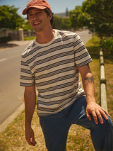 wax london men's Dean - Ecru And Navy Textured Stripe Organic Cotton T-Shirt